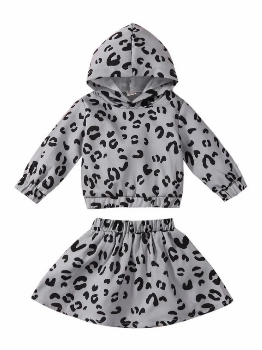 Girls Leopard Print Hoodie & Skirt Set - Grey and Black